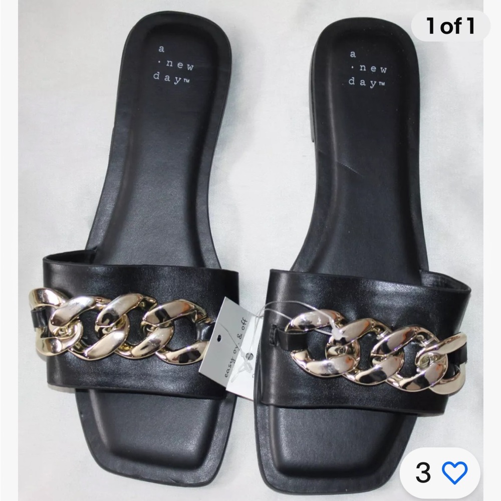 A New Day black square toe sandals with gold chain details size 9.5
